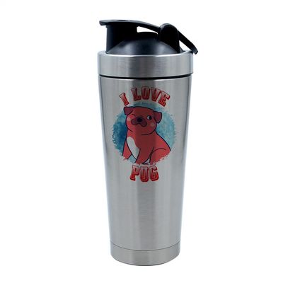Adorable 'I Love Pugs' Gift for Dog Lovers Perfect Pug Dog Lover Present, 500ml Aluminium Shaker Bottle for Supplement Shakes - Easy Clean, Durable Cup. (Silver)