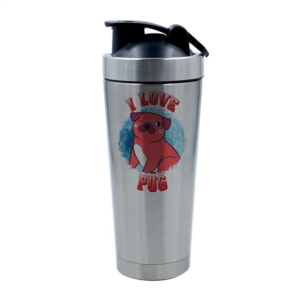 Adorable 'I Love Pugs' Gift for Dog Lovers Perfect Pug Dog Lover Present, 500ml Aluminium Shaker Bottle for Supplement Shakes - Easy Clean, Durable Cup. (Silver)