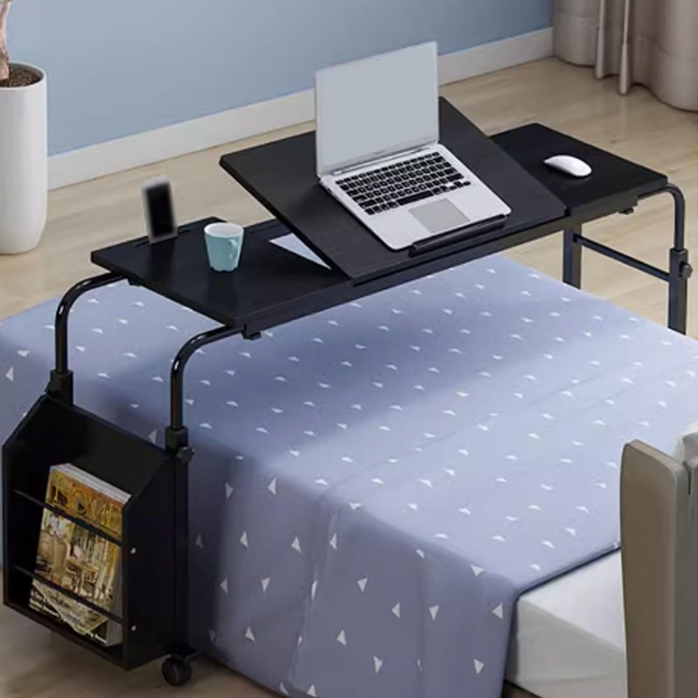 Overbed Table Height Adjustable Overbed Table with 6-Level Adjustable Tiltable Tabletop And Storage Box Carbon Steel Stand Desk for Bed with Casters(Black,190 * 40 * 90CM)
