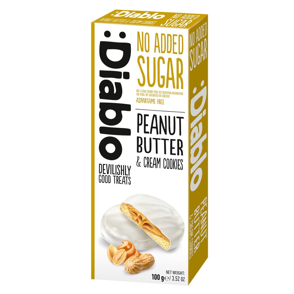 Diablo No Added Sugar Cookies, Peanut Butter and Cream Cookies  Delicious No Sugar Biscuits, Guilt-Free Snacks for Adults & Families, Sweet Treats Sweetened with Maltitol, 100g (Pack of 1)