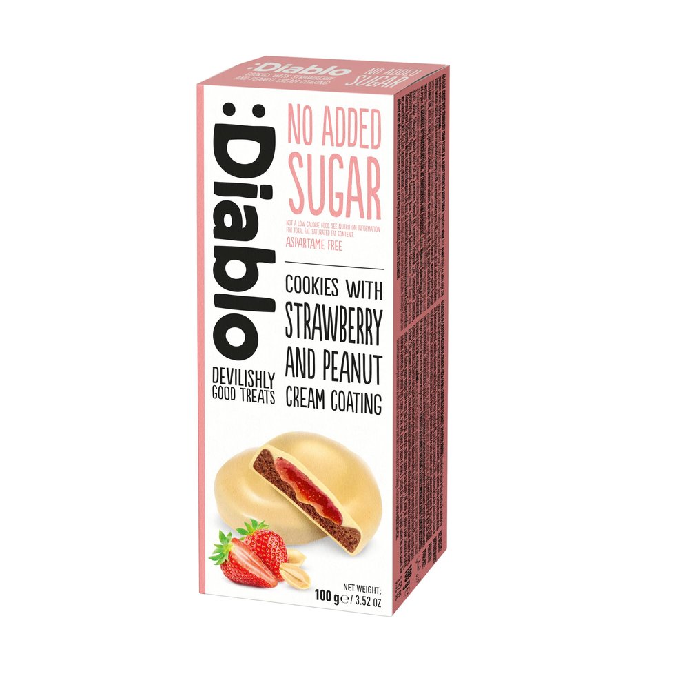 Diablo No Added Sugar Cookies with Strawberry and Peanut Cream Coating  Delicious No Sugar Biscuits, Guilt-Free Snacks for Adults & Families, Sweet Treats Sweetened with Maltitol, 100g (Pack of 1)