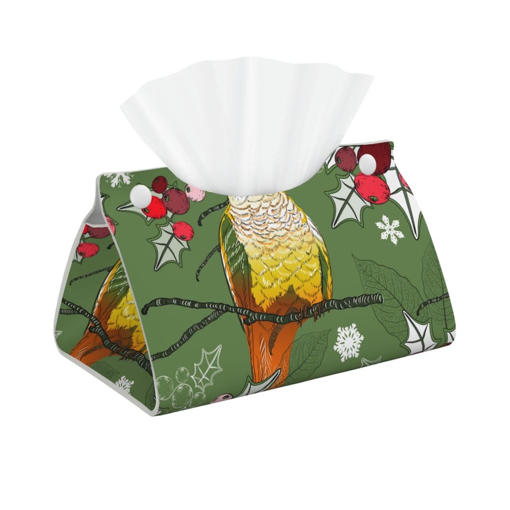 Cute Parrot with Christmas Hat Tissue Box Cover, Facial Tissue Holder, Decorative Napkin Dispenser Organizer for Car, Home, Office Accessories