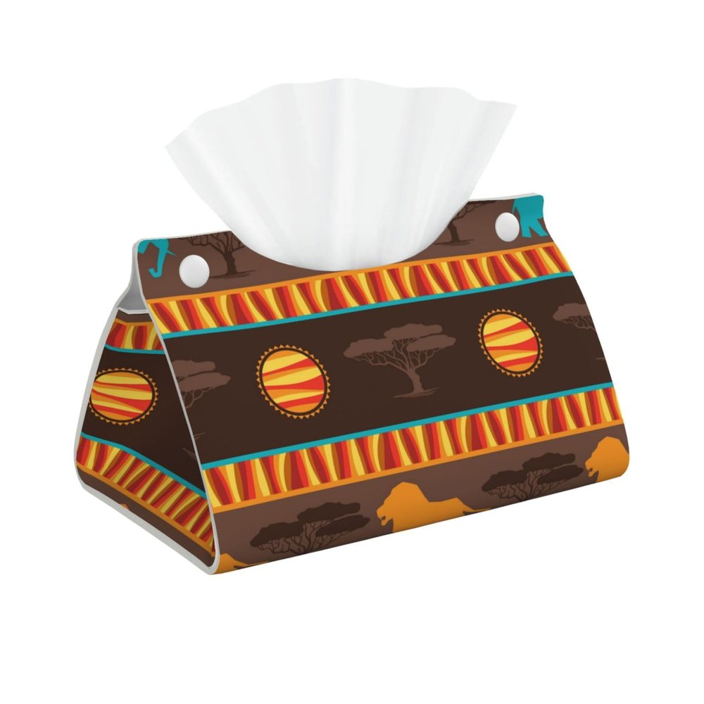 African Forest Lion and Elephant Silhouette Tissue Box Cover, PVC Leather Tissue Box Holder, Stylish Tissue Box Organizer for Home, Car, Hotel, Office