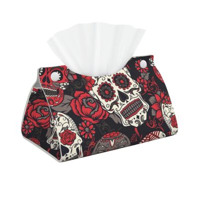 Roses Sugar Skulls Tissue Box Cover PVC Leather Facial Tissue Dispenser Box Holder for Dresser Bathroom Decorative