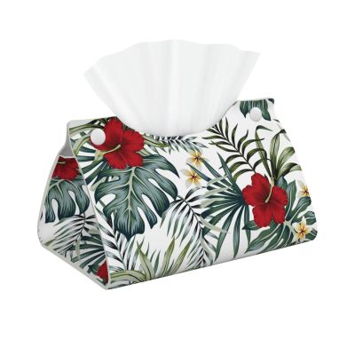Hibiscus Plumeria Floral Leaves Tissue Box Cover, PVC Leather Tissue Box Holder Napkins Box Covers for Home/Office/Car Decoration