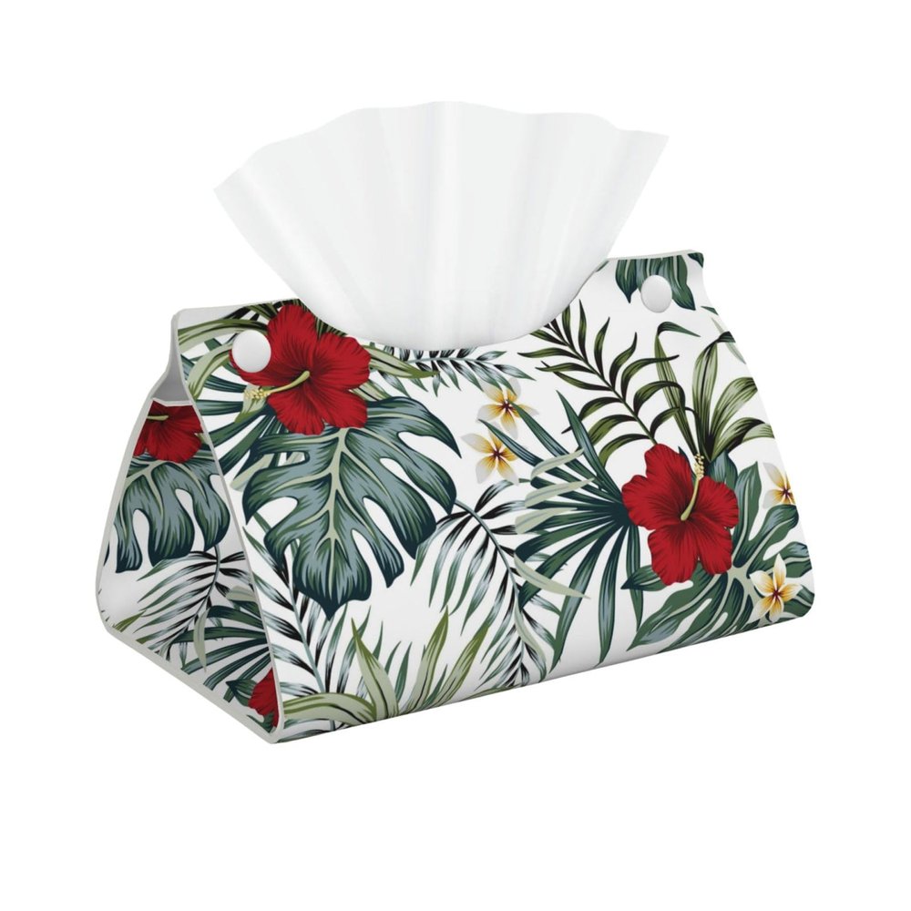 Hibiscus Plumeria Floral Leaves Tissue Box Cover, PVC Leather Tissue Box Holder Napkins Box Covers for Home/Office/Car Decoration