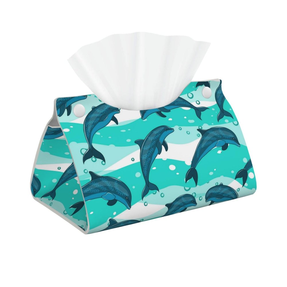 Marine Sea Dolphins Pattern Tissue Box Cover PVC Leather Facial Tissue Dispenser Box Holder for Dresser Bathroom Decorative