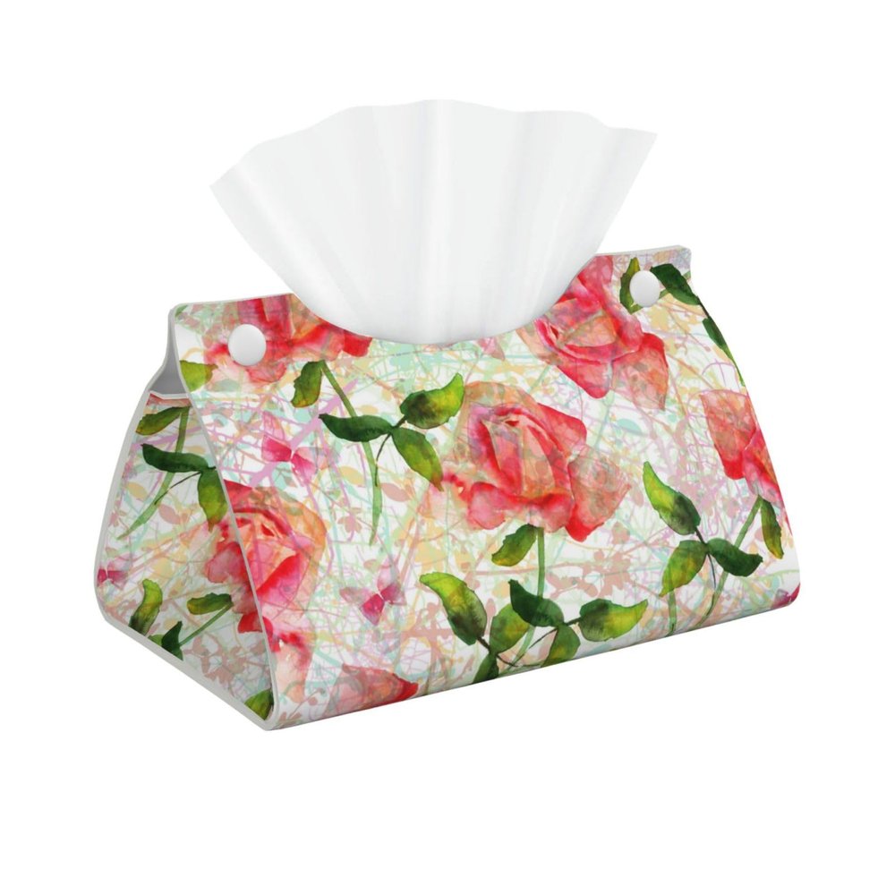 Blooming Rose and Butterflies Tissue Box Cover PVC Leather Facial Tissue Dispenser Box Holder for Dresser Bathroom Decorative