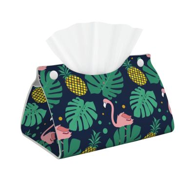 Pineapples Leaves and Flamingo Tissue Box Cover, PVC Leather Tissue Box Holder, Stylish Tissue Box Organizer for Home, Car, Hotel, Office