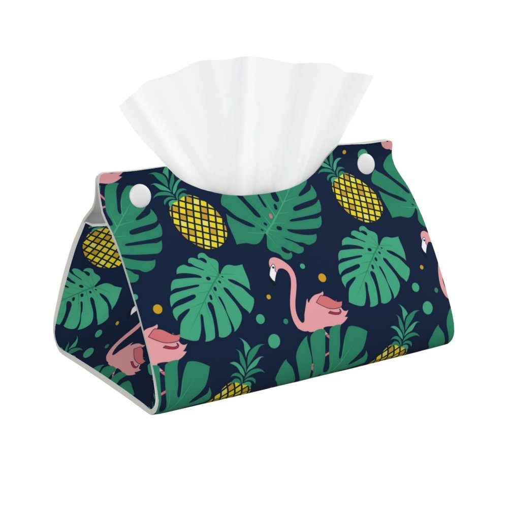Pineapples Leaves and Flamingo Tissue Box Cover, PVC Leather Tissue Box Holder, Stylish Tissue Box Organizer for Home, Car, Hotel, Office