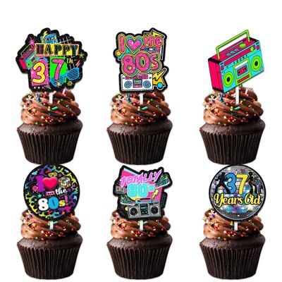 18pcs Glitter Retro Throwback Dessert Cupcake Topper Pick for I Love 80s and 37 Years Old Theme Decor Supplies Women Men Happy 37th Birthday Party Decorations