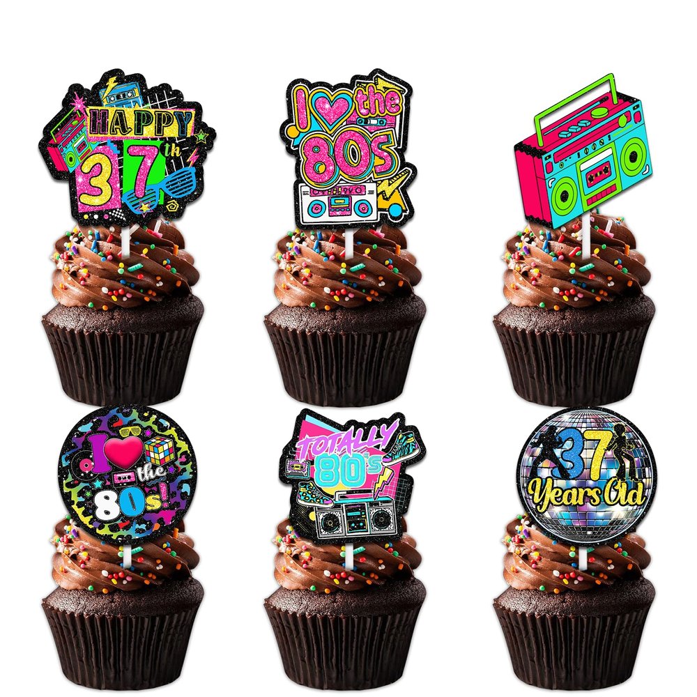 18pcs Glitter Retro Throwback Dessert Cupcake Topper Pick for I Love 80s and 37 Years Old Theme Decor Supplies Women Men Happy 37th Birthday Party Decorations