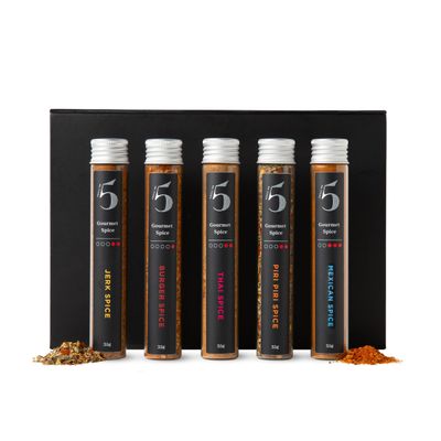 Chilli No. 5 | World Spices Set 5x35 Grams Glass Tubes of Mexican, Thai, Burger, Jerk & Piri Piri Seasonings, Rubs and Spices