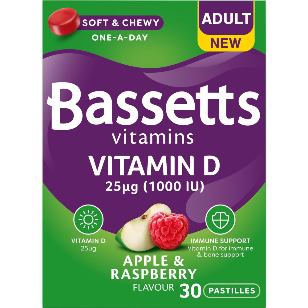 Bassetts Vitamins Adult Vitamin D Apple and Raspberry Flavour 30 Gummy Pastilles