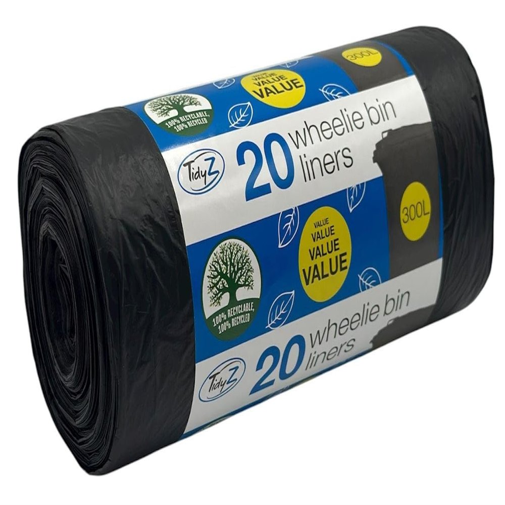 20 TidyZ Extra LARGE 300L Wheelie Bin Bags. Made from 100% Recycled plastic. Heavy Duty Black Wheelie Bin Liners. 18 microns. Fits all standard sized wheelie bins