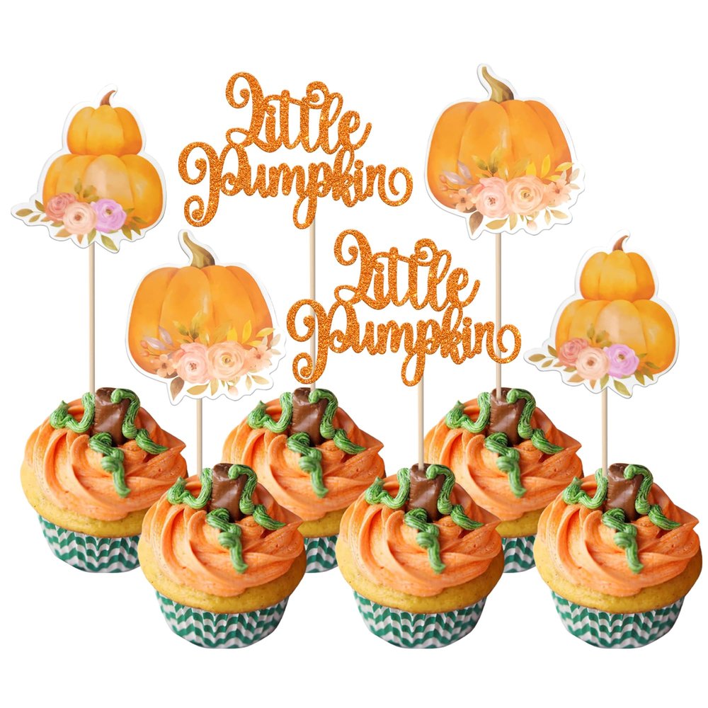 Rsstarxi 36 Pack Little Pumpkin Cupcake Toppers Pumpkin Baby Shower Decorations Pumpkin Birthday Cupcake Picks for Fall Baby Shower Party Cake Decorations Orange