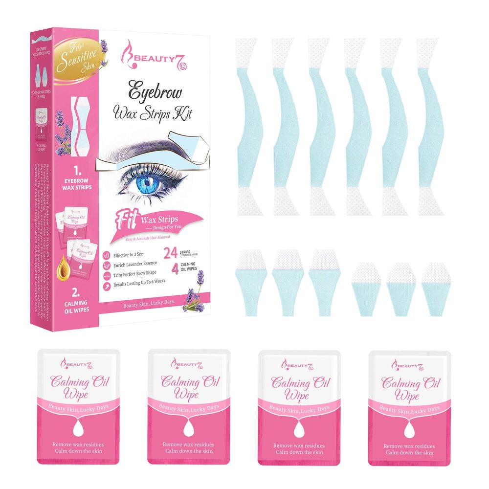 Beauty7 Eyebrow Waxing Strips - Sensitive Skin - 24pcs Cold Wax Strips & 4 Post Wax Calming Oil Wipes Facial Hair Removal