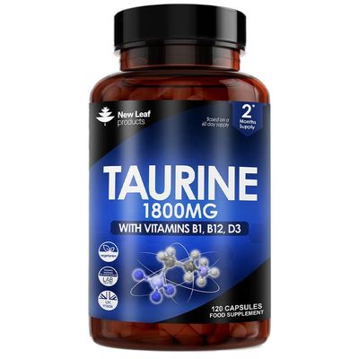 Taurine Supplement - High Strength 1800mg Capsules Enriched with Vitamins B1, B12 & Vitamin D3-120 Amino Acids Capsules - Vegetarian Made in The UK by New Leaf