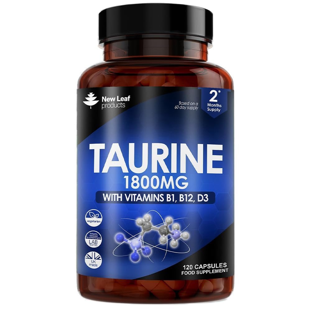 Taurine Supplement - High Strength 1800mg Capsules Enriched with Vitamins B1, B12 & Vitamin D3-120 Amino Acids Capsules - Vegetarian Made in The UK by New Leaf