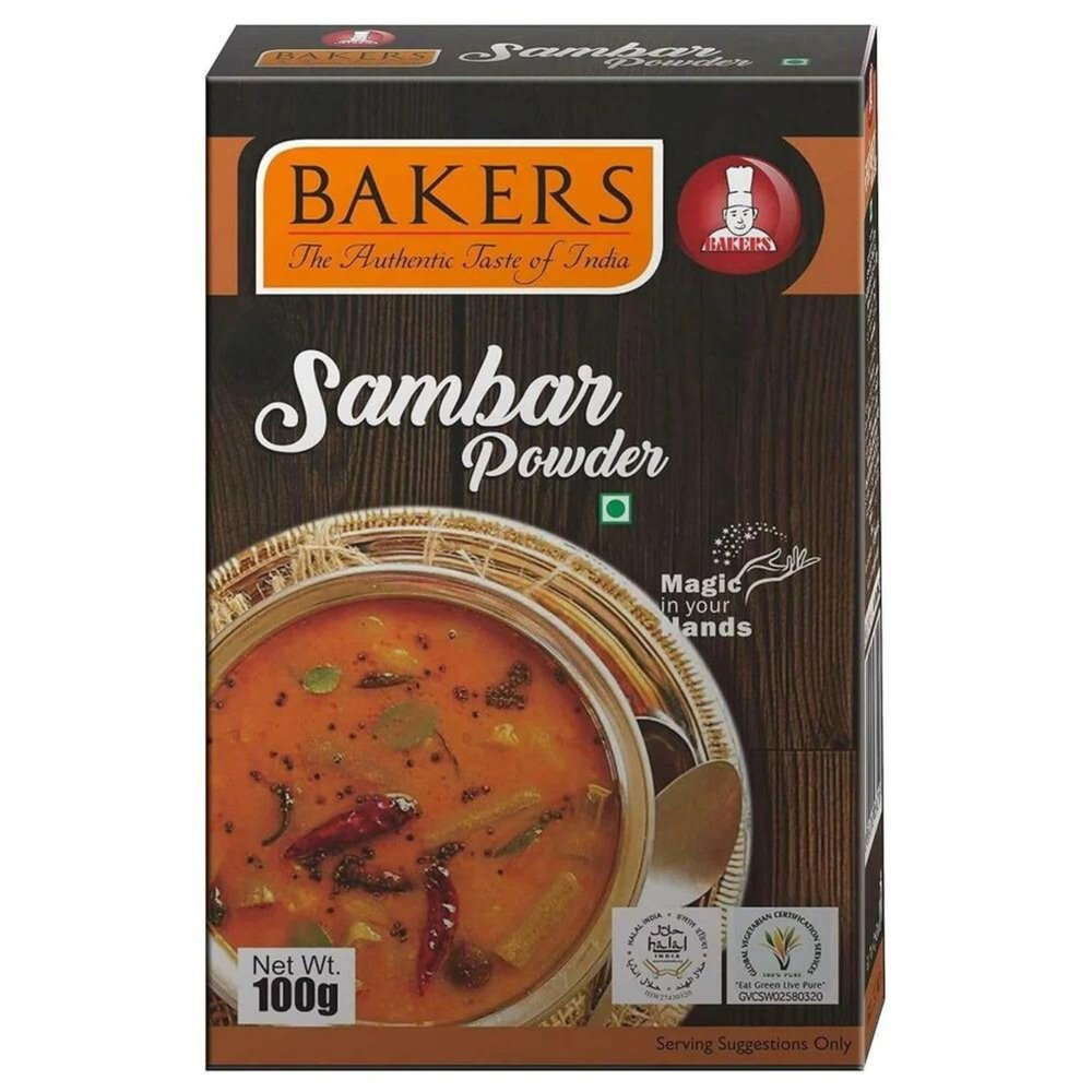 Bakers Sambar Masala Powder, Authentic Spice Blend for Flavorful Sambar, Premium Quality Seasoning for South Indian Dishes - 100g (Pack Of 1)