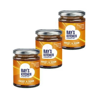 Bay's Kitchen Award-Winning Sweet & Sour Low FODMAP Ready To Cook Stir-in Sauce for Wok and Stir Fry Cooking, Gluten-Free, IBS-Friendly and suitable for Vegans (3 x 260g jars)