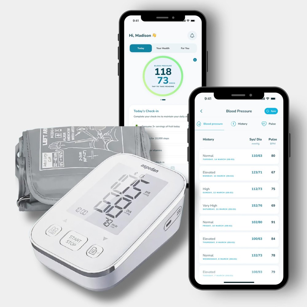 Aspedan Bluetooth Blood Pressure Monitor | MHRA & Clinically Validated | Phone Connect via Free Smartphone App | iOS/iPhone/Android/Google | Automatic Arm Cuff Home Use | Optional XL Cuff & Travel Bag