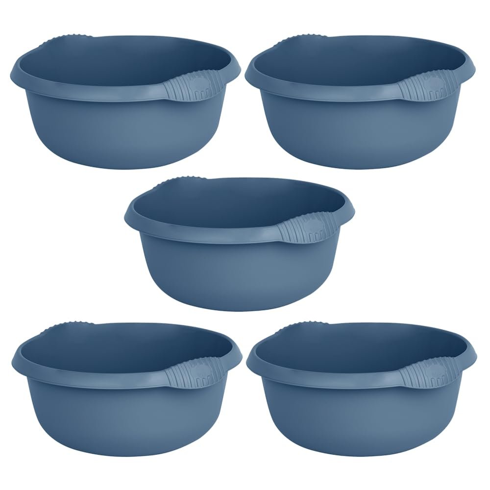 28cm Round Plastic Washing Up Bowl with Integral Handle, 5L Capacity, Midnight Navy Durable and Convenient, Ideal for Kitchens, Laundry, and Cleaning Tasks (Set of 5)