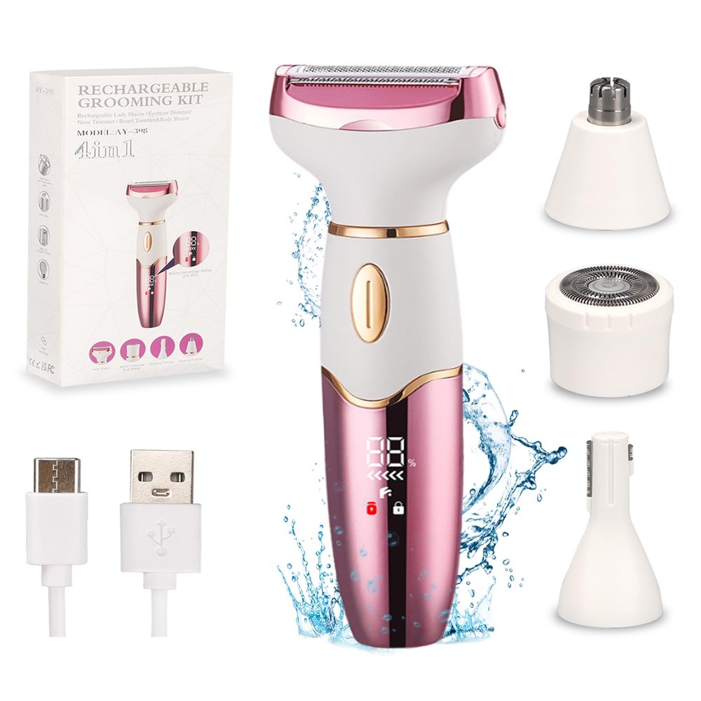 4-in-1 Electric Lady Shaver & Body Trimmer, Cordless Rechargeable Women's Razor for Wet & Dry Use | Facial, Legs, Bikini, Underarm, Eyebrow & Nose Hair Removal