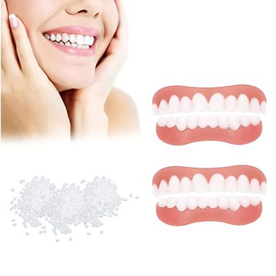 Giural Fake Teeth Veneers, 2 Pairs Snap on Veneers False Teeth, Instant Veneers Dentures, Clip in Veneers Teeth Top and Bottom, Adjustable Snap on Dentures for Women Men Cover Imperfect Teeth