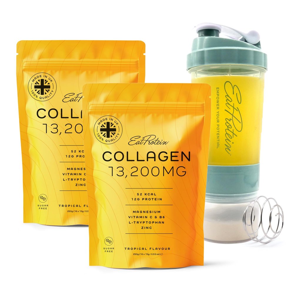 EatProtein Hydrolyzed Collagen Juice | 13,200mg Type 1&3 Collagen | Powered by Zinc, VIT C, B6 & Magnesium | 12g Protein | 32x Servings - Tropical Fruits Flavour - with Shaker