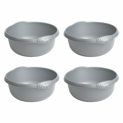 4 X Silver 36cm Stylish Circular Round Plastic Washing Up Bowl with Integral Handle 10L Litre High Gloss Chic Finish Multiuse Basin Bowl For Home Kitchen, Sink Organisation  Made in U.K.