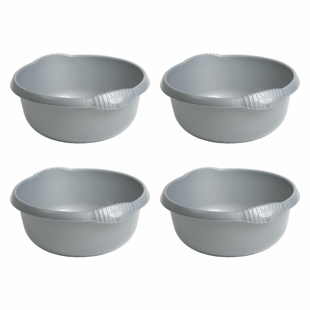 4 X Silver 36cm Stylish Circular Round Plastic Washing Up Bowl with Integral Handle 10L Litre High Gloss Chic Finish Multiuse Basin Bowl For Home Kitchen, Sink Organisation  Made in U.K.