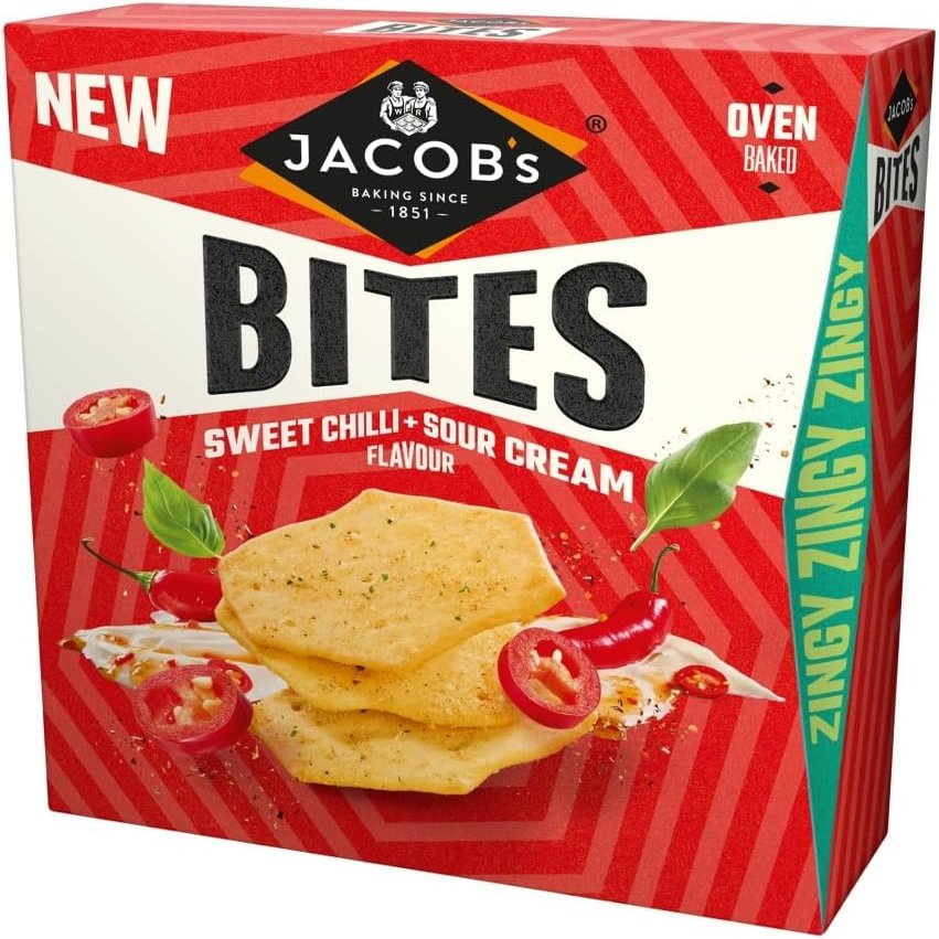 Jacob's Bites Sweet Chilli & Sour Cream Crackers 125g X 2 Pack, Oven Baked, No Added Palm Oil, No Artificial Colours or Flavours, Suitable for Vegetarians