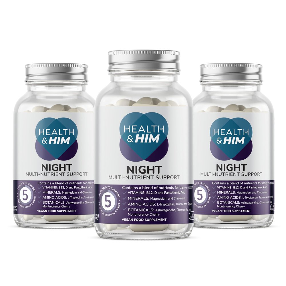 Health & Him Night Supplements for Men - 3 Months Supply of 60 Night Capsules - Men's Multivitamin with Magnesium, Ashwagandha & Chamomile - Vegan, Gluten-Free