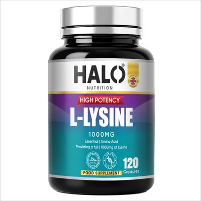 Halo Nutrition L-Lysine 1000MG Capsules,120 Servings Essential Amino Acid  Vegan Capsule Made with no Gelling Agents Non-GMO, Gluten-Free, Kosher,Halal (120 Count) Normal Growth & Muscle | UK Made
