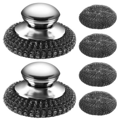 2Pcs Stainless Steel Wool Scrubber with Handle, 4 Replacement Steel Scrubber Wool Pads for Cleaning Dishes, Metal Scrubber Pot Scrubbers Can Clean Stoves, Barbecue Grills