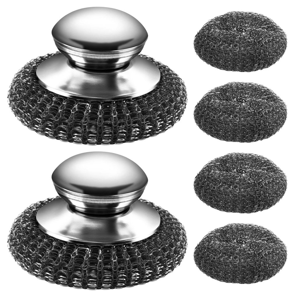2Pcs Stainless Steel Wool Scrubber with Handle, 4 Replacement Steel Scrubber Wool Pads for Cleaning Dishes, Metal Scrubber Pot Scrubbers Can Clean Stoves, Barbecue Grills