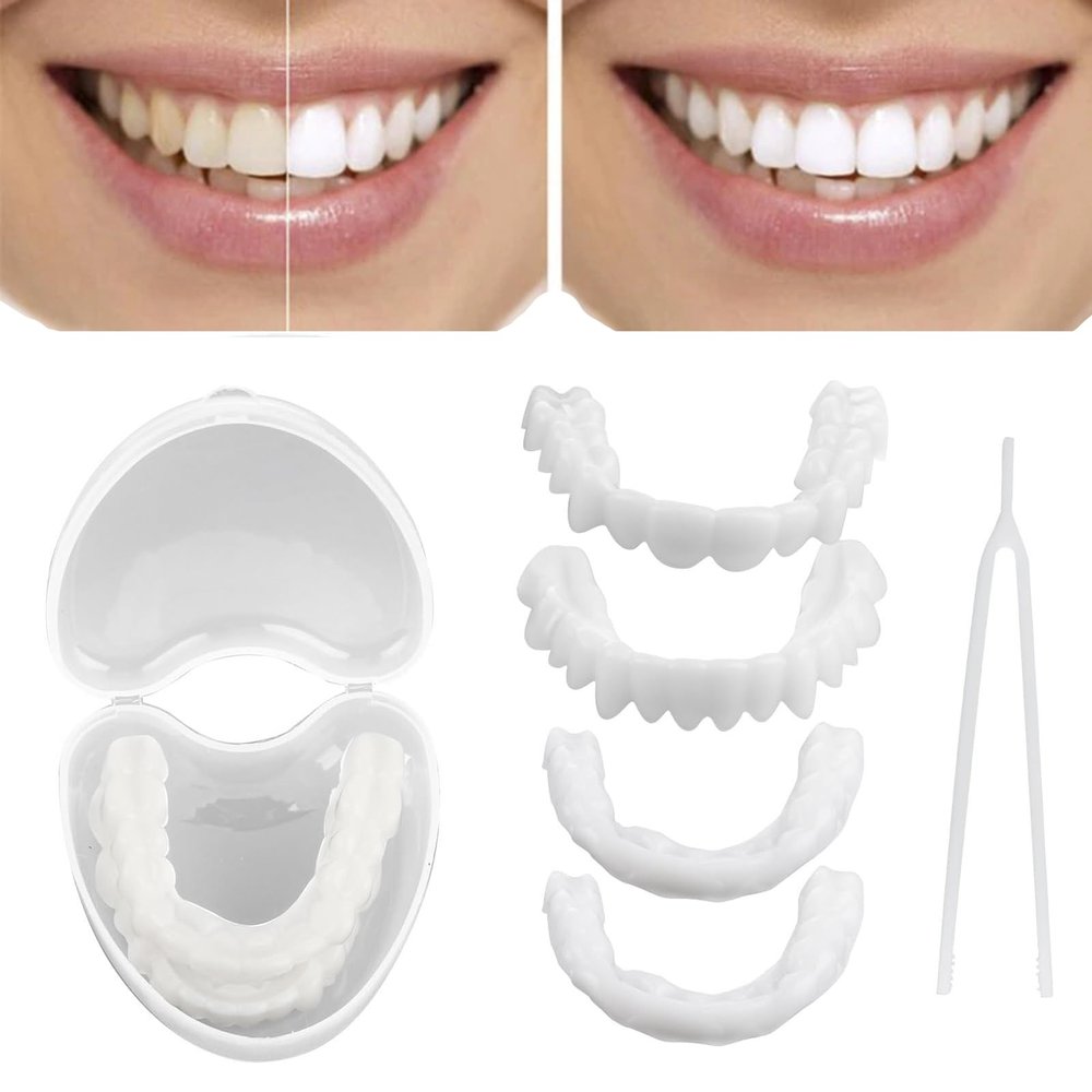 Wttfc 2 Pairs Instant Veneers Fake Teeth, Top and Bottom Snap on Veneers Dentures Silicone False Teeth Veneers Smile Teeth Veneers Clip in Veneers Teeth with Mini Tweezers for Men and Women