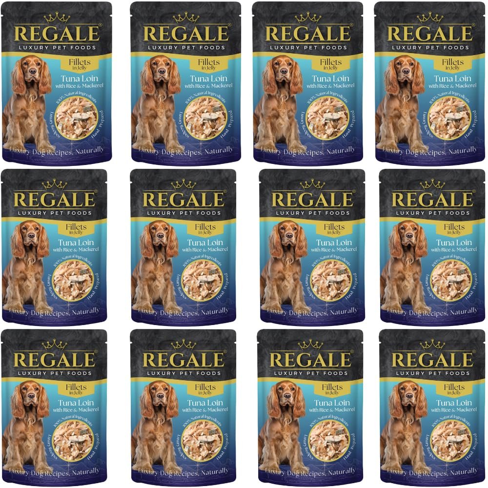 Fillets in Jelly - Pack of 12 x 100g - Tuna Loin with Rice & Mackerel - Give your pooch the royal treatment with Tuna Fillets with Rice & Mackerel in Jelly.