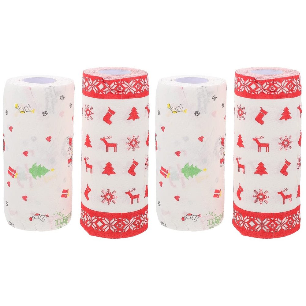 Angoily 4 Rolls Xmas Patterns Grease Paper Disposable Baking Paper Decorative BBQ Liners for Fried Food and Picnic Food