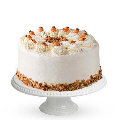 Patisserie Valerie Carrot Cake 6" (10 Portions)  Three Layer Carrot & Walnut Cake with Creamy Frosting, Walnut Coating & Chocolate Carrot Decorations  Classic Cake Delivery
