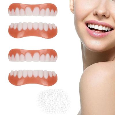 Giural 4 Pairs Instant Veneers Dentures Fake Teeth Veneers Smile Teeth Veneers Top and Bottom Snap on Veneers False Teeth Snap on Dentures Clip in Veneers Teeth for Women and Men