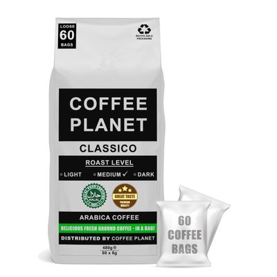 Coffee Planet Ground Coffee Bags - Classico - Quick Brew - Made From Arabica Coffee Beans - Pack of 1 Contains 60 Bags