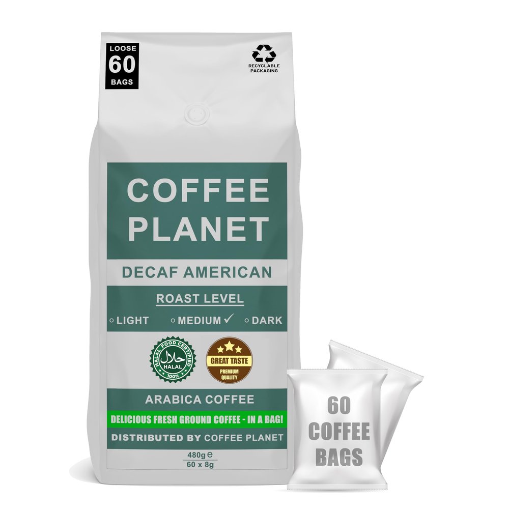 Coffee Planet Ground Coffee Bags - Decaf American - Quick Brew - Made From Arabica Coffee Beans - Pack of 1 Contains 60 Bags