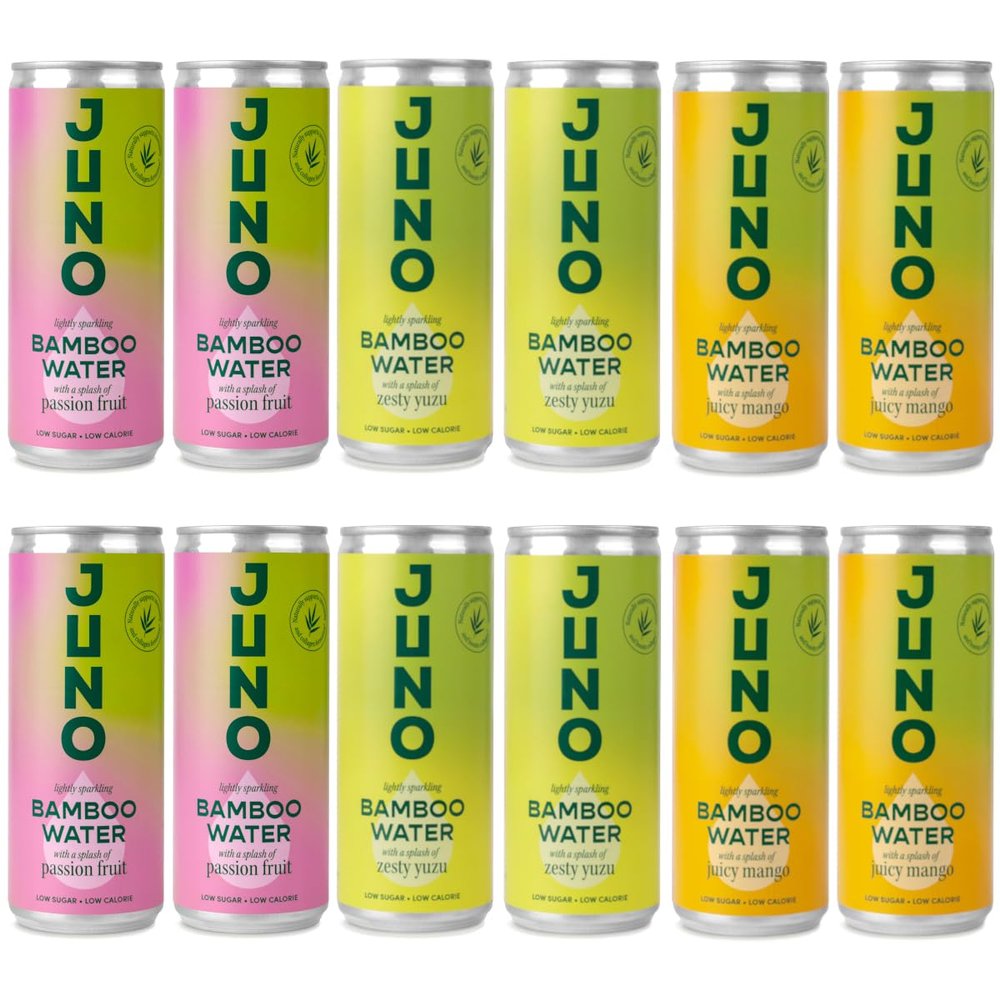 Juno Bamboo Water - Bamboo Sparkling Water Multipack 12 x 250ml Cans | Yuzu, Passionfruit and Mango Flavours | Low Calorie, Vegan, All Natural with Antioxidants and Vitamins