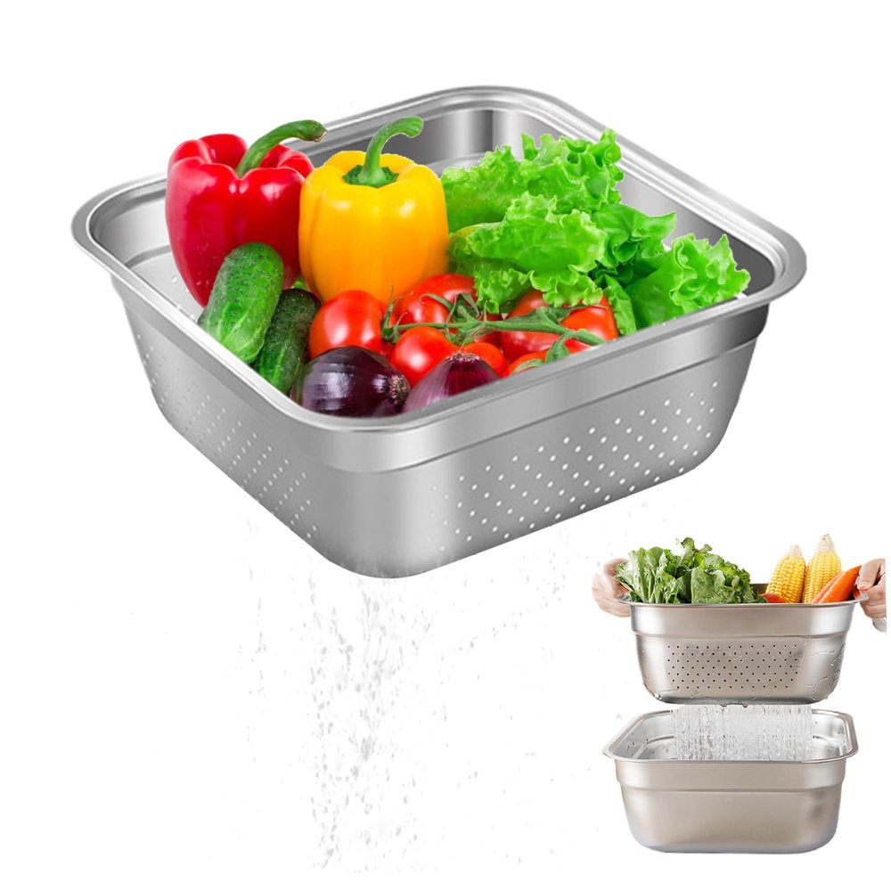 Dish Tub for Kitchen Sink Large Capacity Stainless Steel Basin with Rolled & Wide Edge Stackable Washing Basket for Fruit Vegetable Kitchen Accessories, with Drain Hole Vegetable Washing Basket Wash B