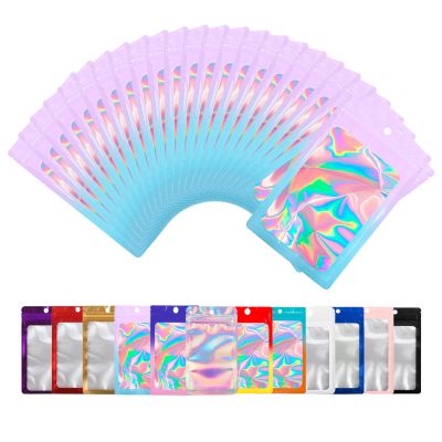 100 Pack Bags with Clear Window,Scratch Resistant Hand Holographic Packaging Pouch,Resealable Bag for Small Bussiness Cookies Jewelry Candy Sample (Pink Blue, 4.14 * 5.91 inch)