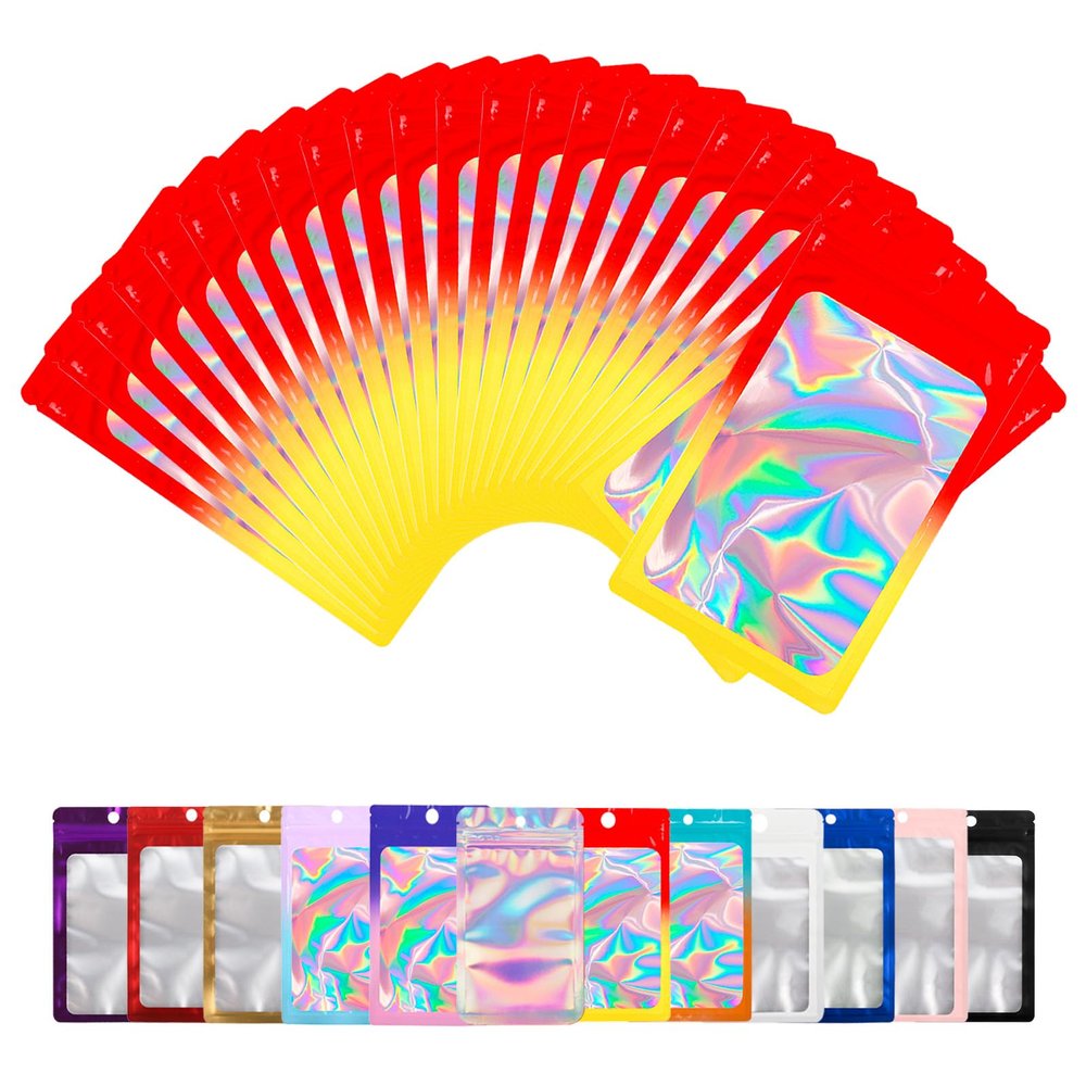 100 Pack Bags with Clear Window,Scratch Resistant Hand Holographic Packaging Pouch,Resealable Bag for Small Bussiness Cookies Jewelry Candy Sample (Red Yellow, 3.54 * 6.31 inch)