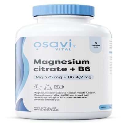 Osavi Magnesium Citrate + B6, 375 mg + 4.2 mg  180 Vegan Capsules | Supports Energy, Muscle Function & Nervous System | Magnesium Citrate with Vitamin B6 for Stress Relief & Vitality