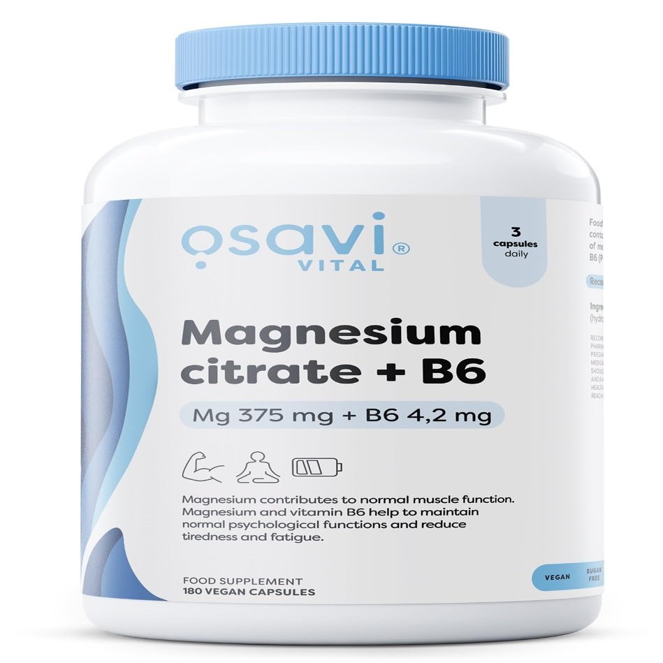 Osavi Magnesium Citrate + B6, 375 mg + 4.2 mg  180 Vegan Capsules | Supports Energy, Muscle Function & Nervous System | Magnesium Citrate with Vitamin B6 for Stress Relief & Vitality